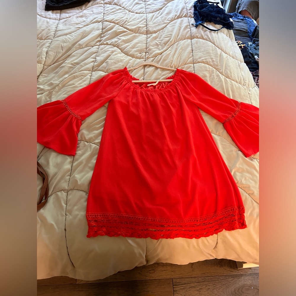Blood orange, off the shoulder, bell-sleeve summer dress. Worn once.